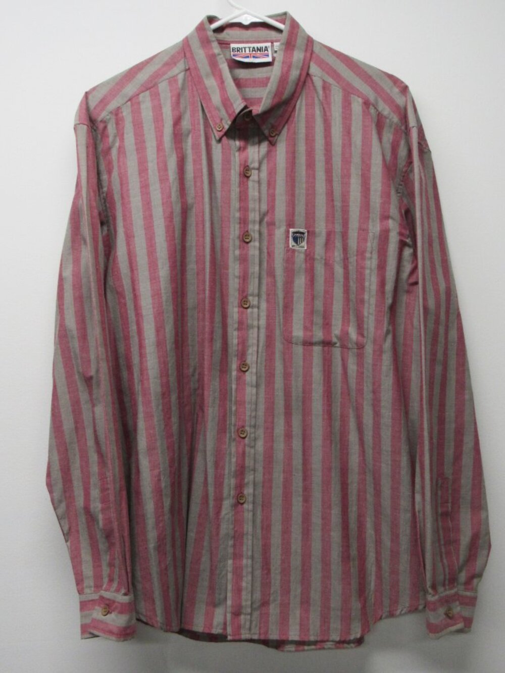 Vtg 80s Brittania Buttoned Down Casual Shirt Men’s sz L Light Red Gray Stripe